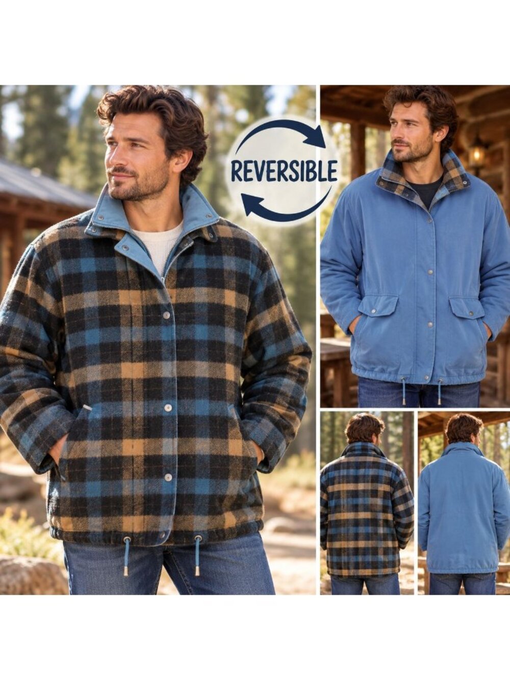 Vintage Utex Reversible Chore Coat Mens S Wool Blend Plaid Blue Jacket